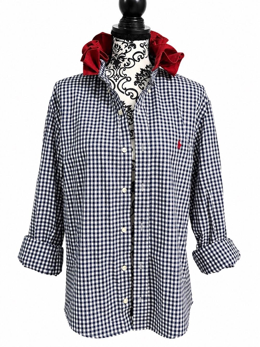 Ralph Lauren Women’s L Navy Gingham Button Down Shirt Custom Red Ruffle Collar
